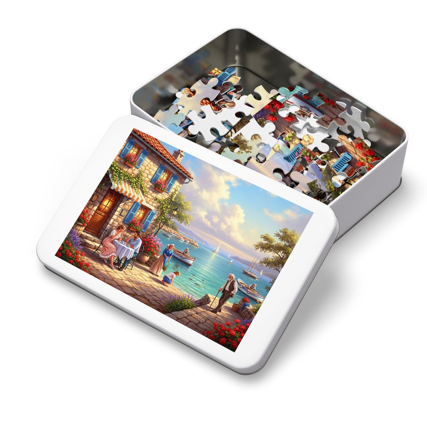 Mediterranean Seaside Café Puzzle | Charming Coastal Village, Sailboats, Flowers & Sunset Life
