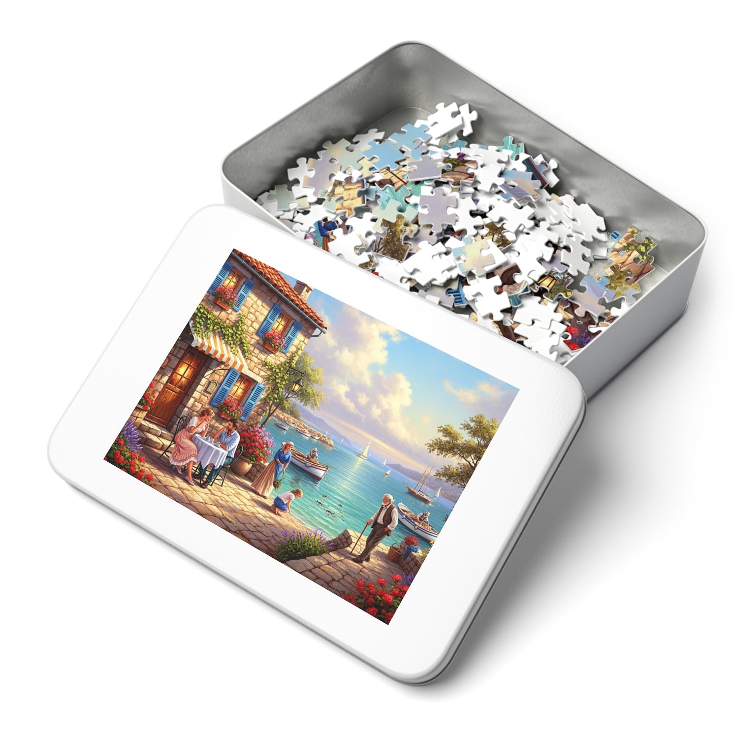 Mediterranean Seaside Café Puzzle | Charming Coastal Village, Sailboats, Flowers & Sunset Life