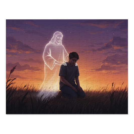 110, 252, 500, 1000 Spiritual Reflection Jigsaw Puzzle with Tin, Sunset Prayer and Heavenly Light Design, Kneeling Figure, Angelic Presence Jigsaw puzzle