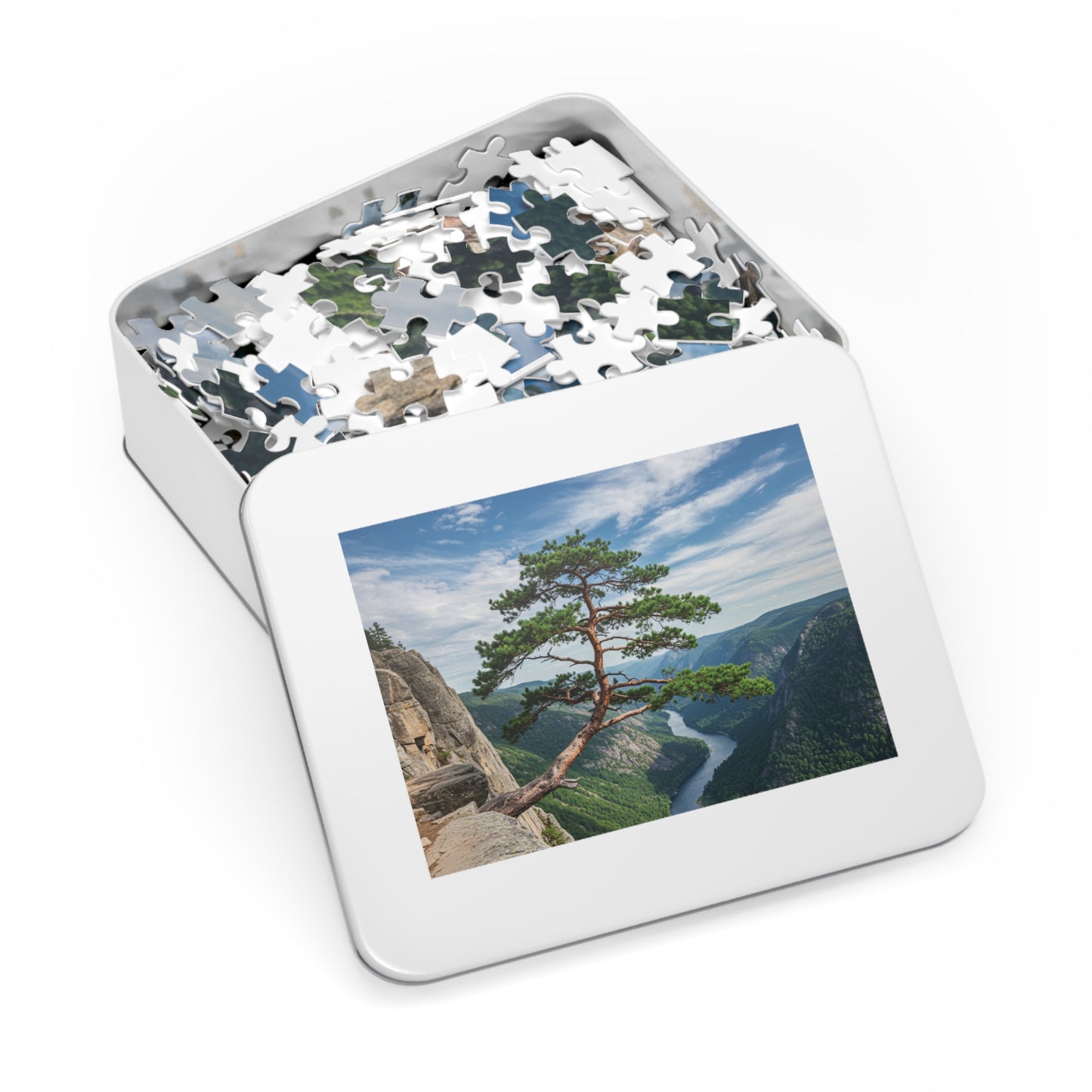 Cliffside Tree Jigsaw Puzzle (110, 252, 500, 1000, 2000 pcs) – Peaceful Nature, Mountain & River Design, Serene Forest Scene