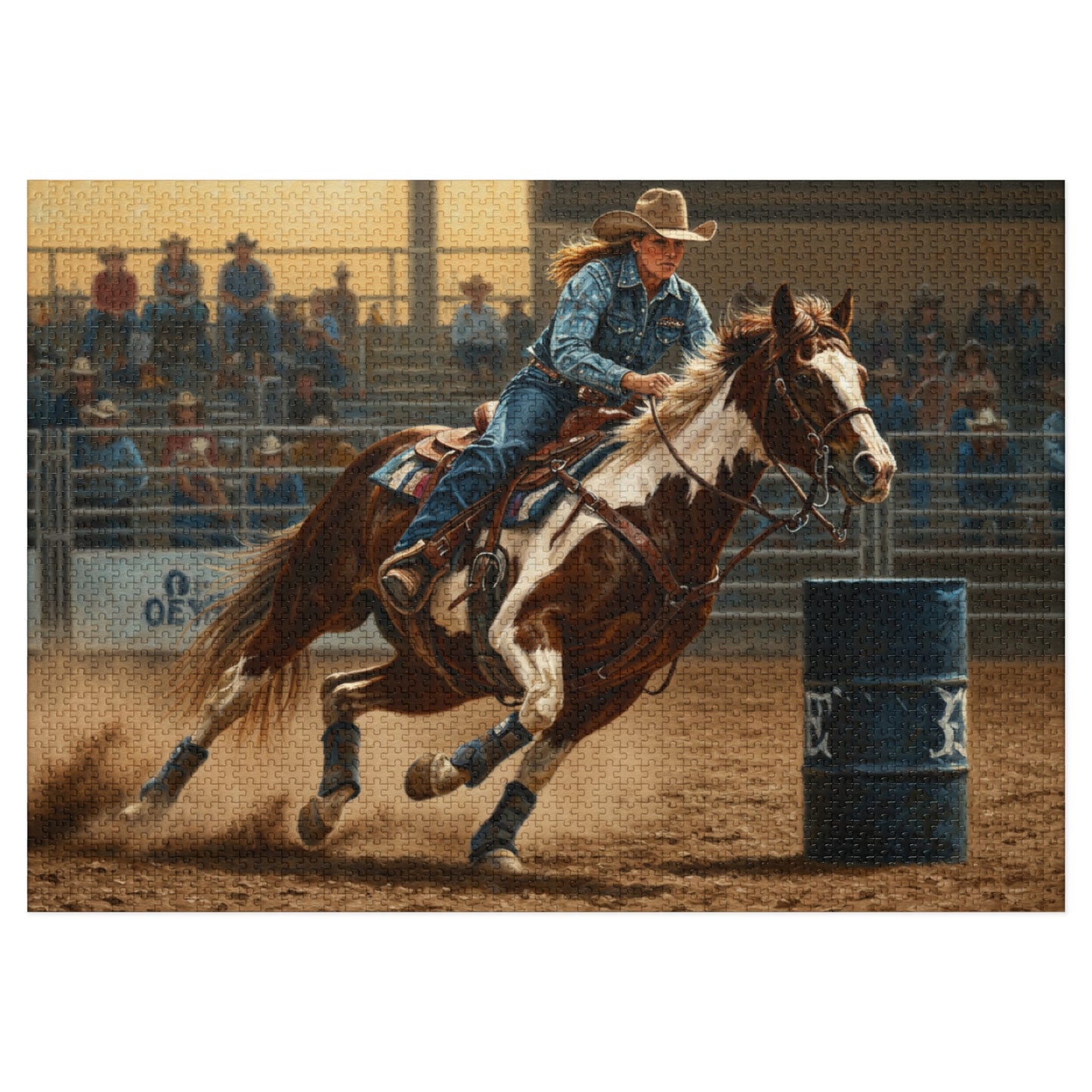 2000 Cowgirl Barrel Racing, Sunset, Rodeo Action Wall Art Jigsaw Puzzle with Tin, Western Decor, Barrel Racing Scene, Horse and Rider Western Decor