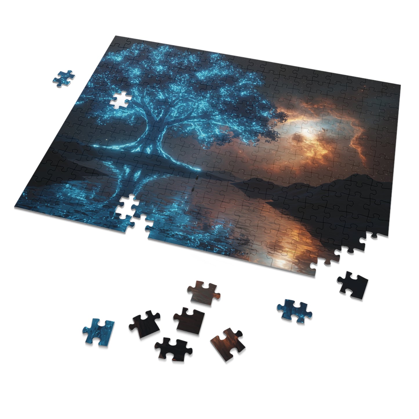 110, 252, 500, 1000, 2000 | Mystical Tree Jigsaw Puzzle with Tin, Enchanting Atmosphere, Celestial Tree of Light Puzzle – Cosmic Fantasy Glow Art