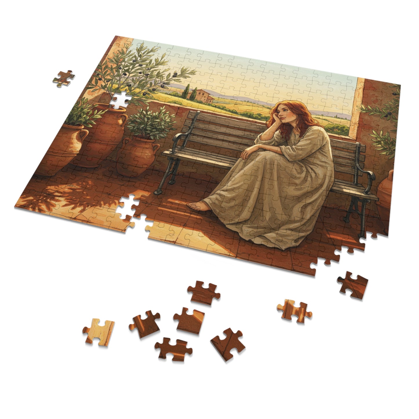 110, 252, 500, 1000, 2000 pcs Rustic Countryside Jigsaw Puzzle, Woman on Bench with Olive Trees, Mediterranean Landscape Puzzle