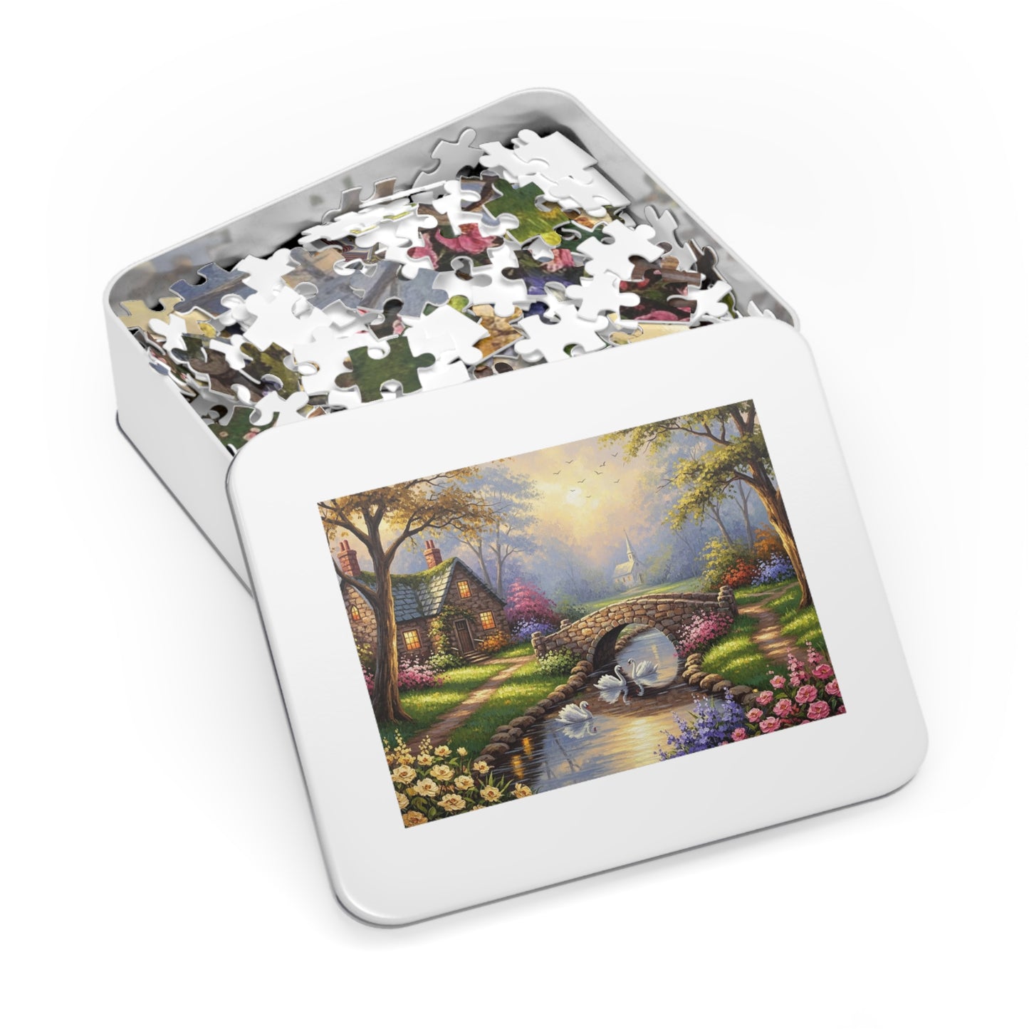 Spring Swan Bridge Cottage Puzzle | Flower Garden, Stone Bridge, Peaceful Countryside Scene