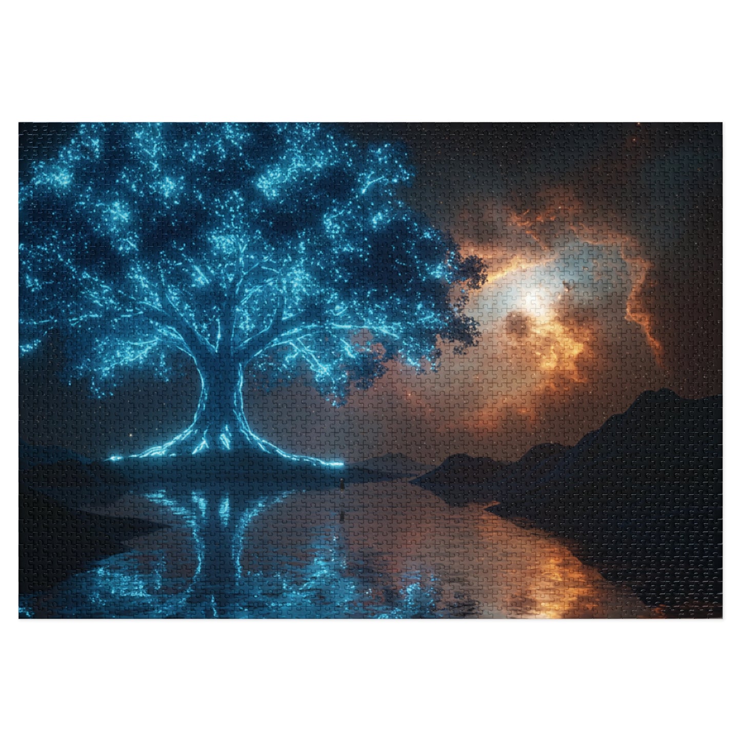 110, 252, 500, 1000, 2000 | Mystical Tree Jigsaw Puzzle with Tin, Enchanting Atmosphere, Celestial Tree of Light Puzzle – Cosmic Fantasy Glow Art