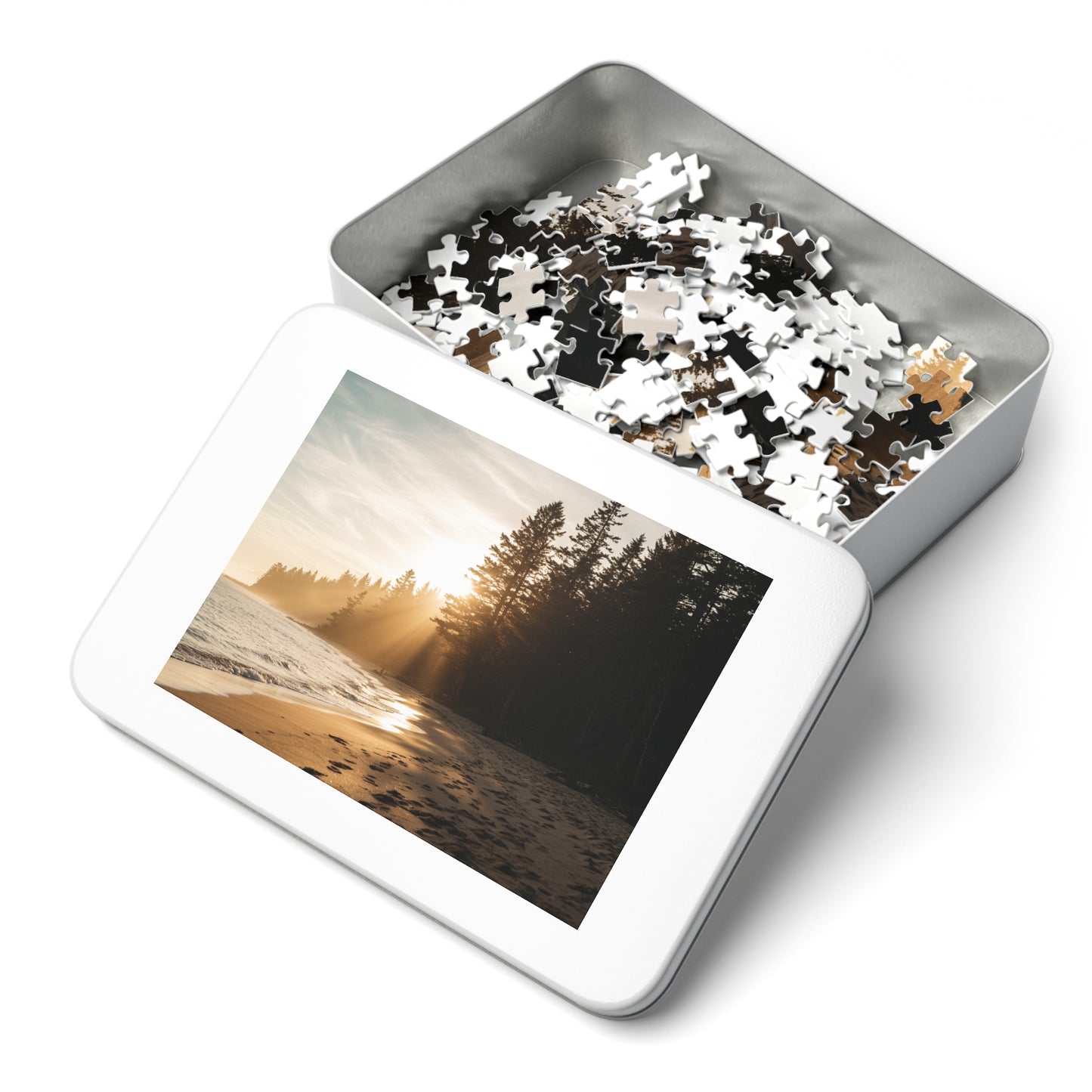 Forest Beach Sunset Jigsaw Puzzle (252–2000 pcs),  Warm Sunset, Trees & Sand Path, Forest Coastline and Sunbeams, Premium Tin Gift,  Footprints in Sand