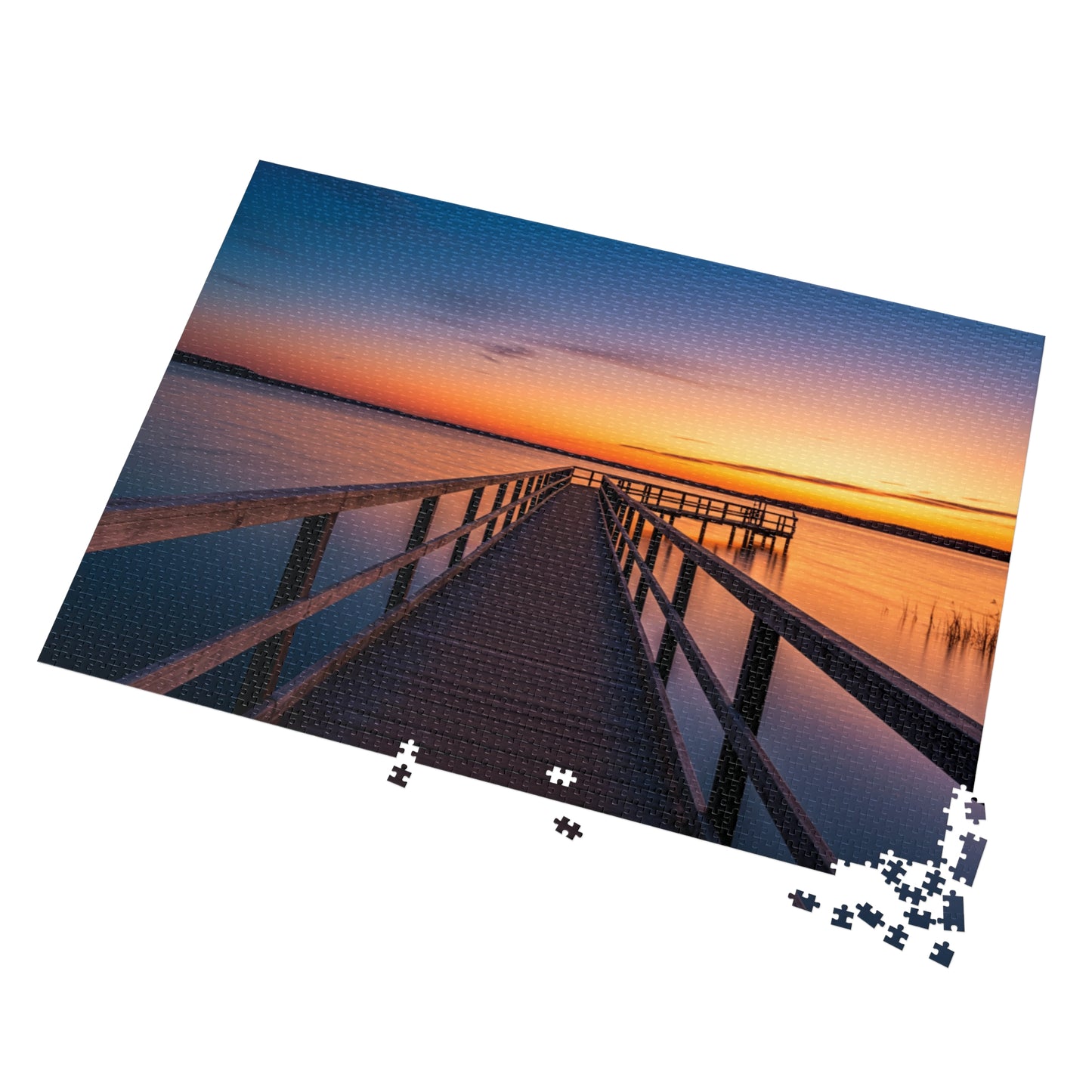 Sunset Jigsaw Puzzle with Tin, Boardwalk Sunset Puzzle – Soothing Waterscape Jigsaw for Relaxation, Peaceful Sunset Landscape Puzzle