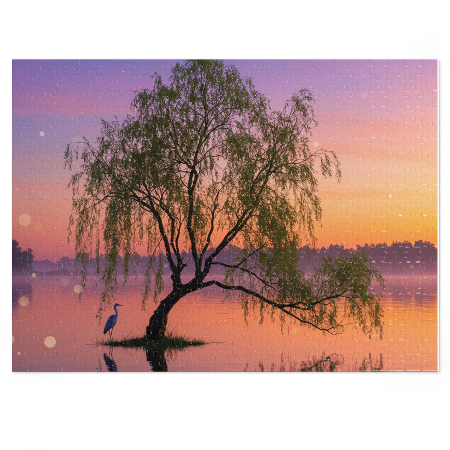 Willow Tree & Heron Jigsaw Puzzle (110, 252, 500, 1000, 2000 pcs) – Sunset Lake Scene in Gift Tin