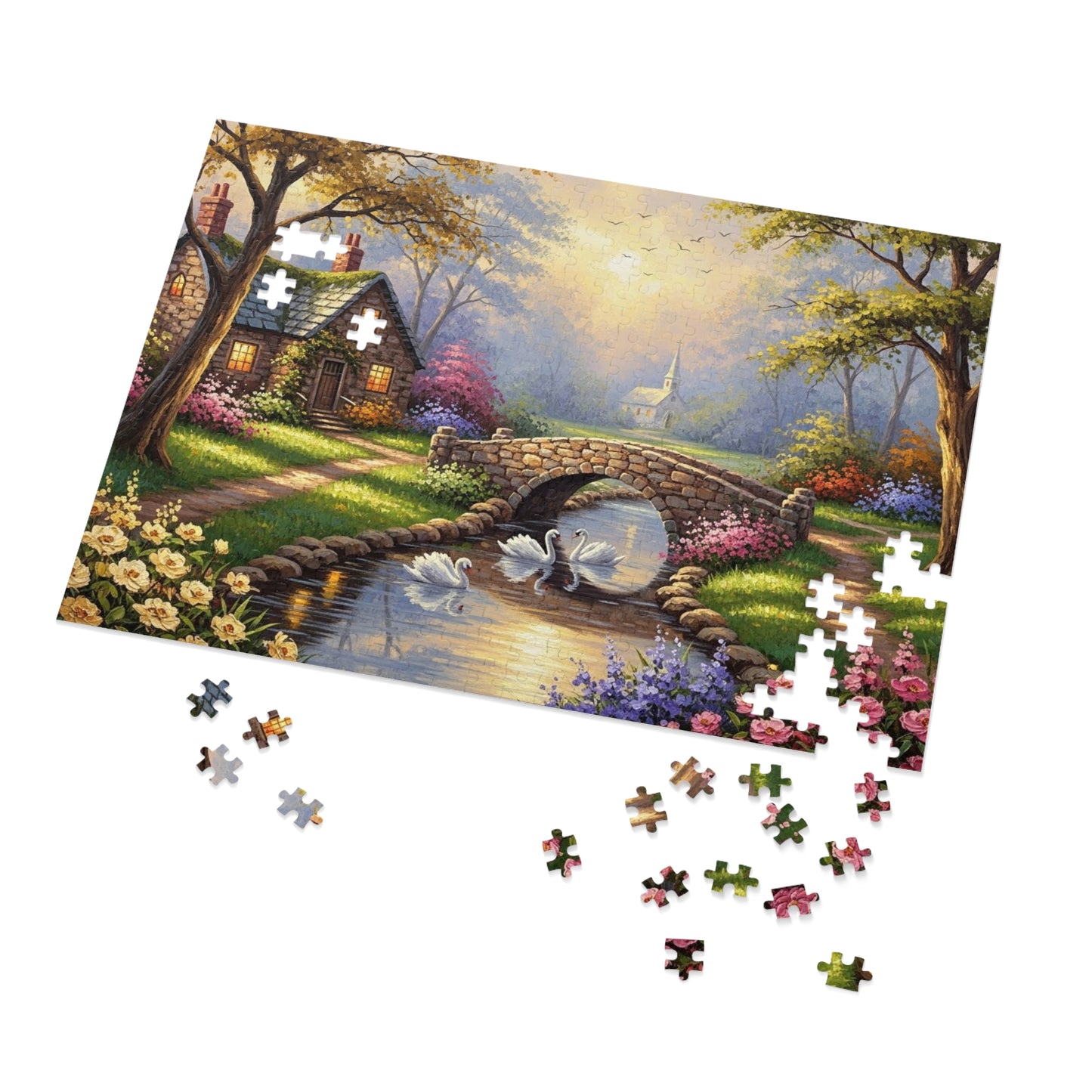 Spring Swan Bridge Cottage Puzzle | Flower Garden, Stone Bridge, Peaceful Countryside Scene