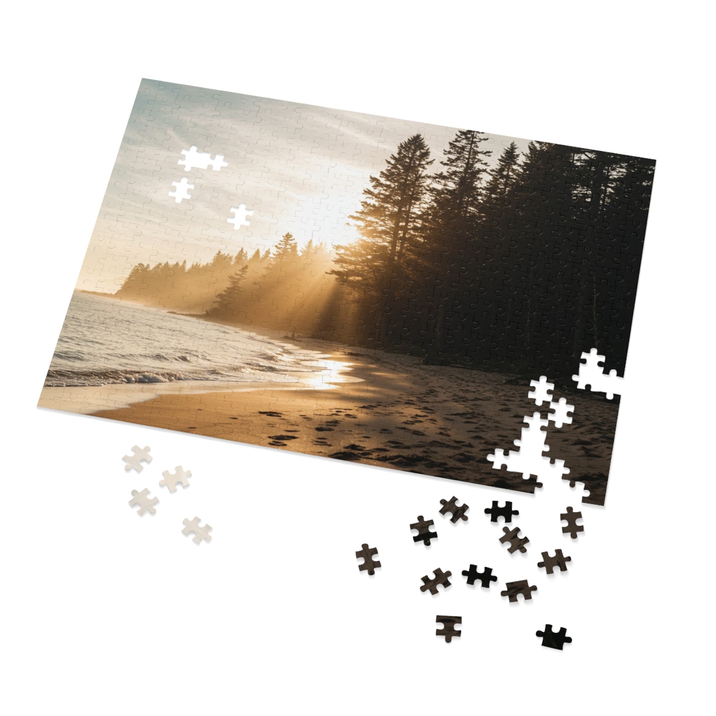 Forest Beach Sunset Jigsaw Puzzle (252–2000 pcs),  Warm Sunset, Trees & Sand Path, Forest Coastline and Sunbeams, Premium Tin Gift,  Footprints in Sand
