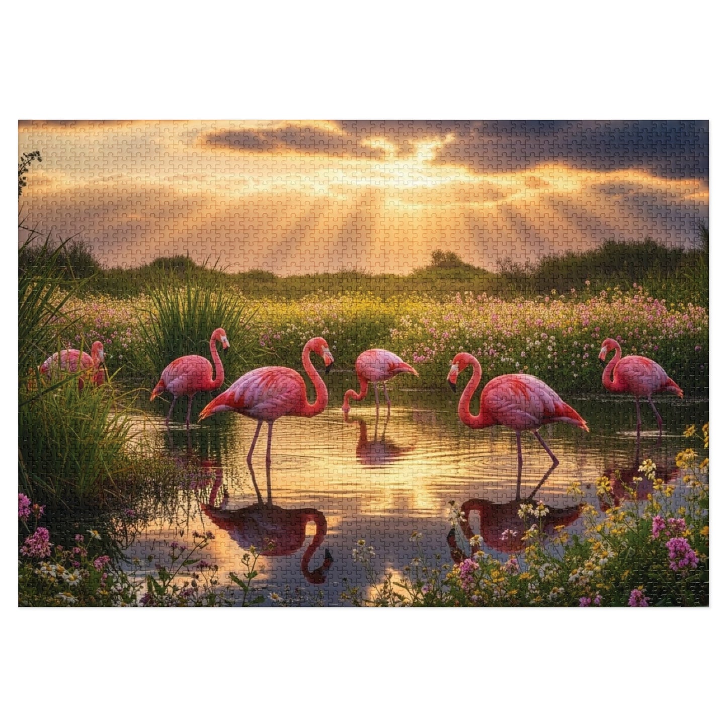 Flamingo Sunset Paradise Jigsaw Puzzle | Serene Nature Wildlife Scene at Golden Hour