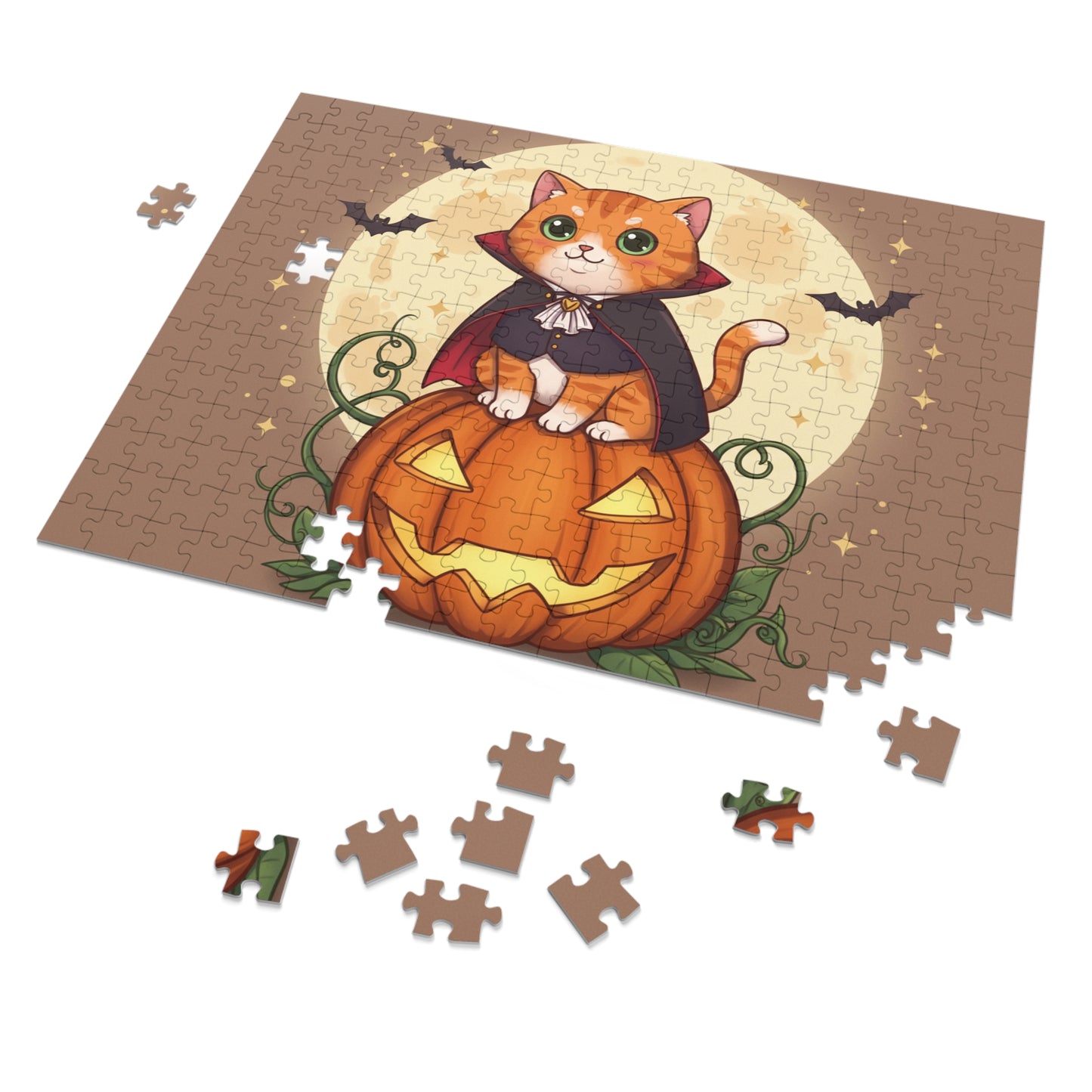 30, 110, 252 pcs Halloween Cat Jigsaw Puzzle, Cute Halloween Puzzle, Cartoon Kitten in Cape on Glowing Pumpkin, Halloween Night Scene with Bats and Moon