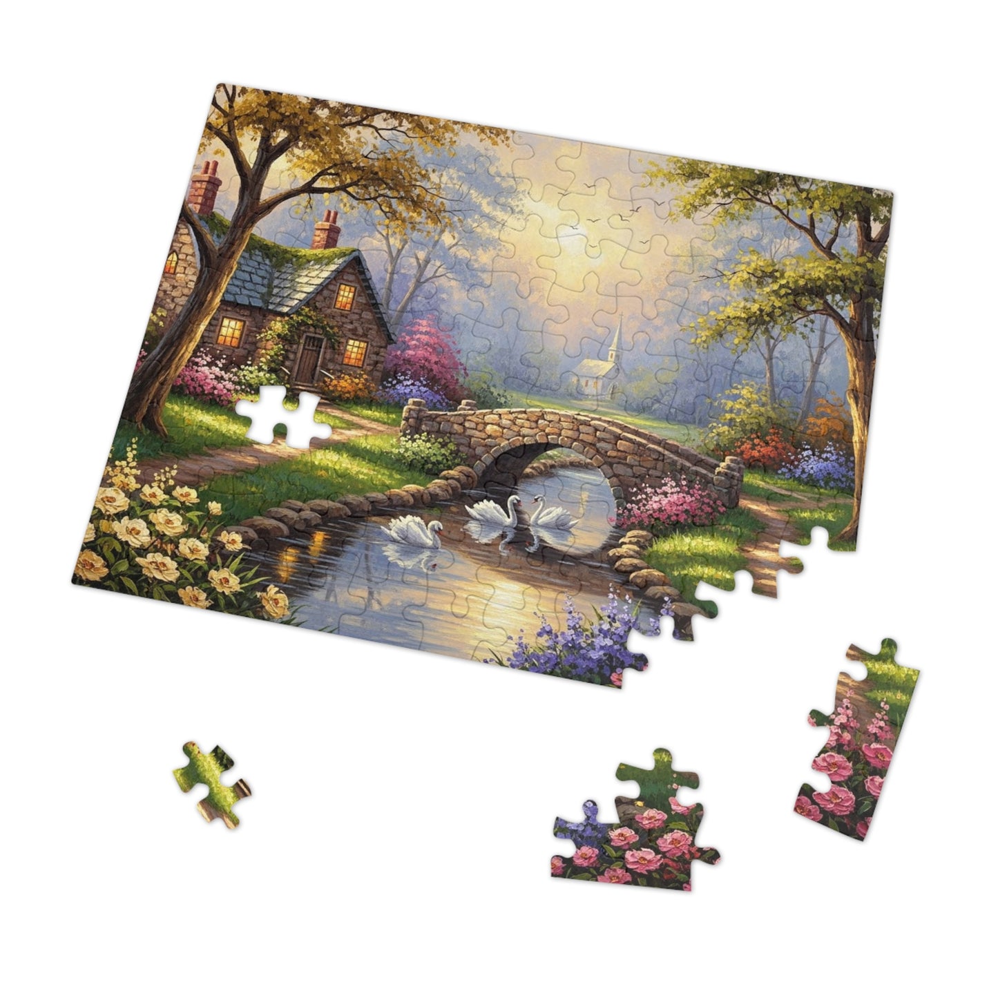 Spring Swan Bridge Cottage Puzzle | Flower Garden, Stone Bridge, Peaceful Countryside Scene