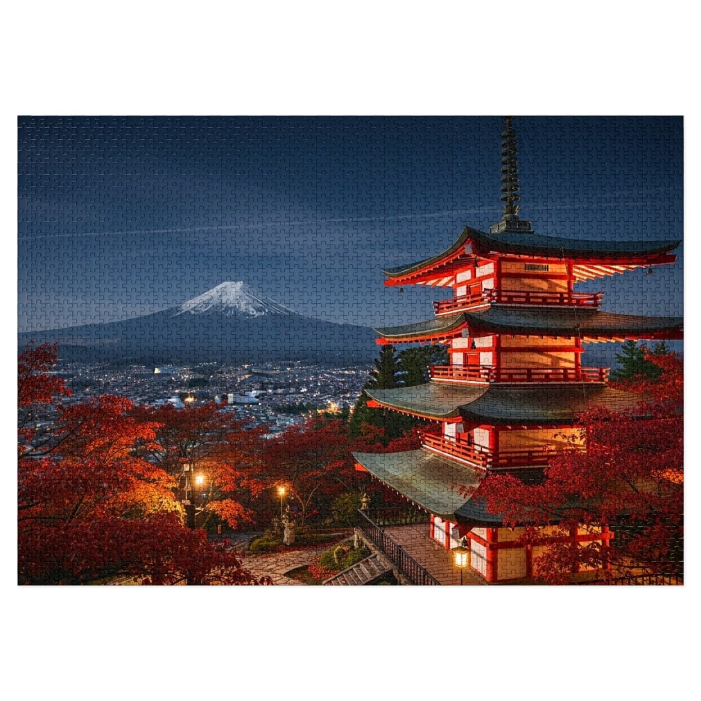 Mount Fuji Night Pagoda Jigsaw Puzzle 🌙🗻 Autumn Temple View, Japan City Lights & Crimson Maples
