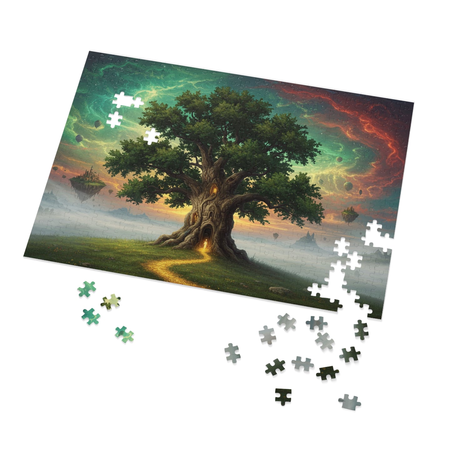110, 252, 500, 1000, 2000 Magical Tree Jigsaw Puzzle, Mystical Tree with Glowing Doorway, Cosmic Sky and Enchanted Forest Scene, Mystical Gateway Puzzle