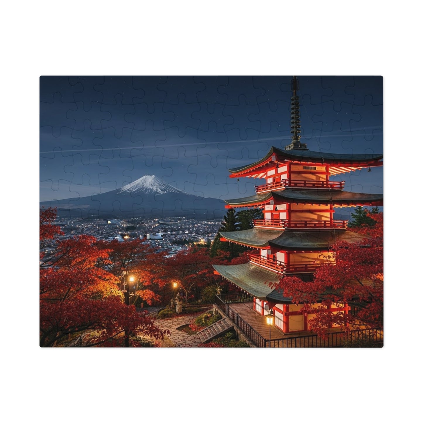 Mount Fuji Night Pagoda Jigsaw Puzzle 🌙🗻 Autumn Temple View, Japan City Lights & Crimson Maples