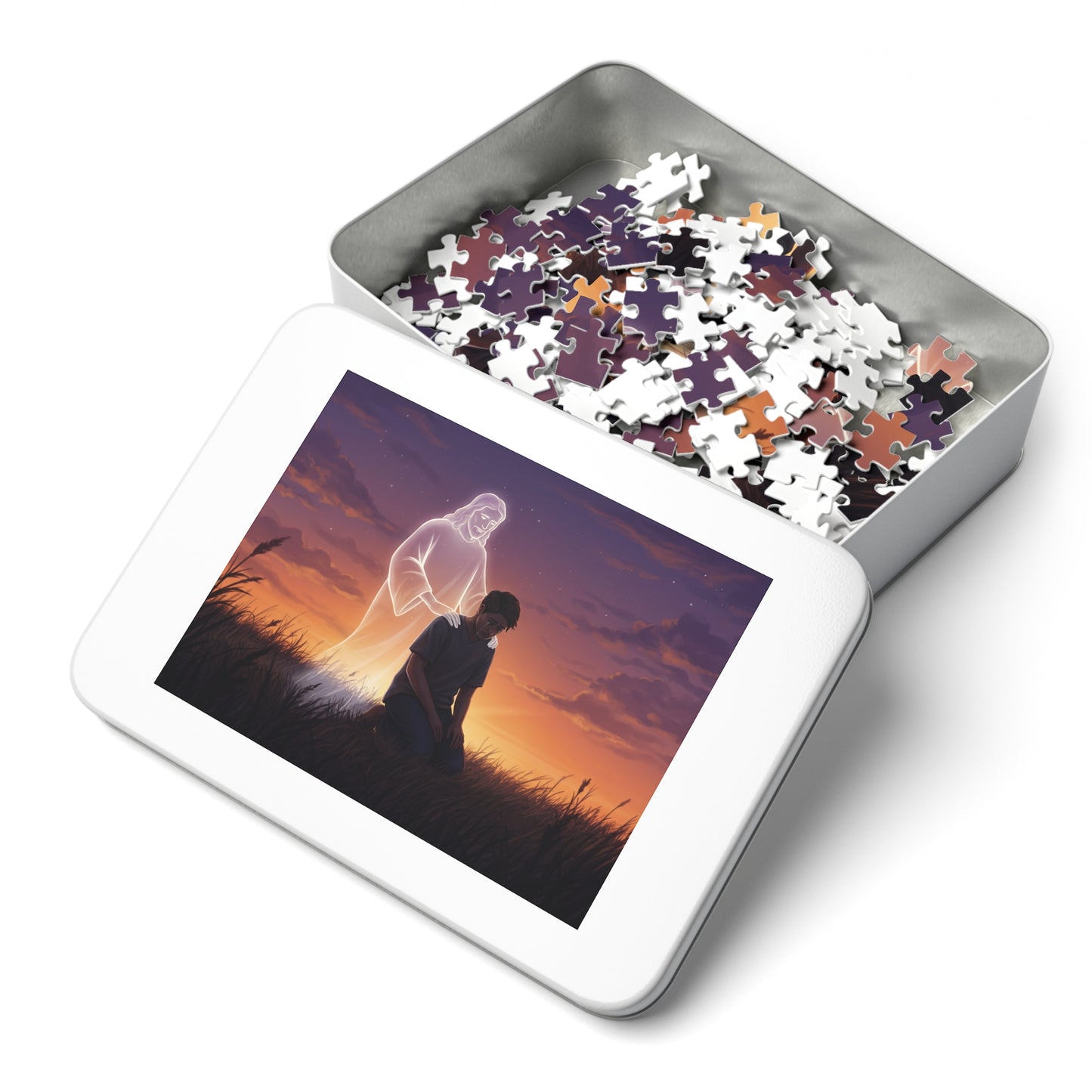 110, 252, 500, 1000 Spiritual Reflection Jigsaw Puzzle with Tin, Sunset Prayer and Heavenly Light Design, Kneeling Figure, Angelic Presence Jigsaw puzzle