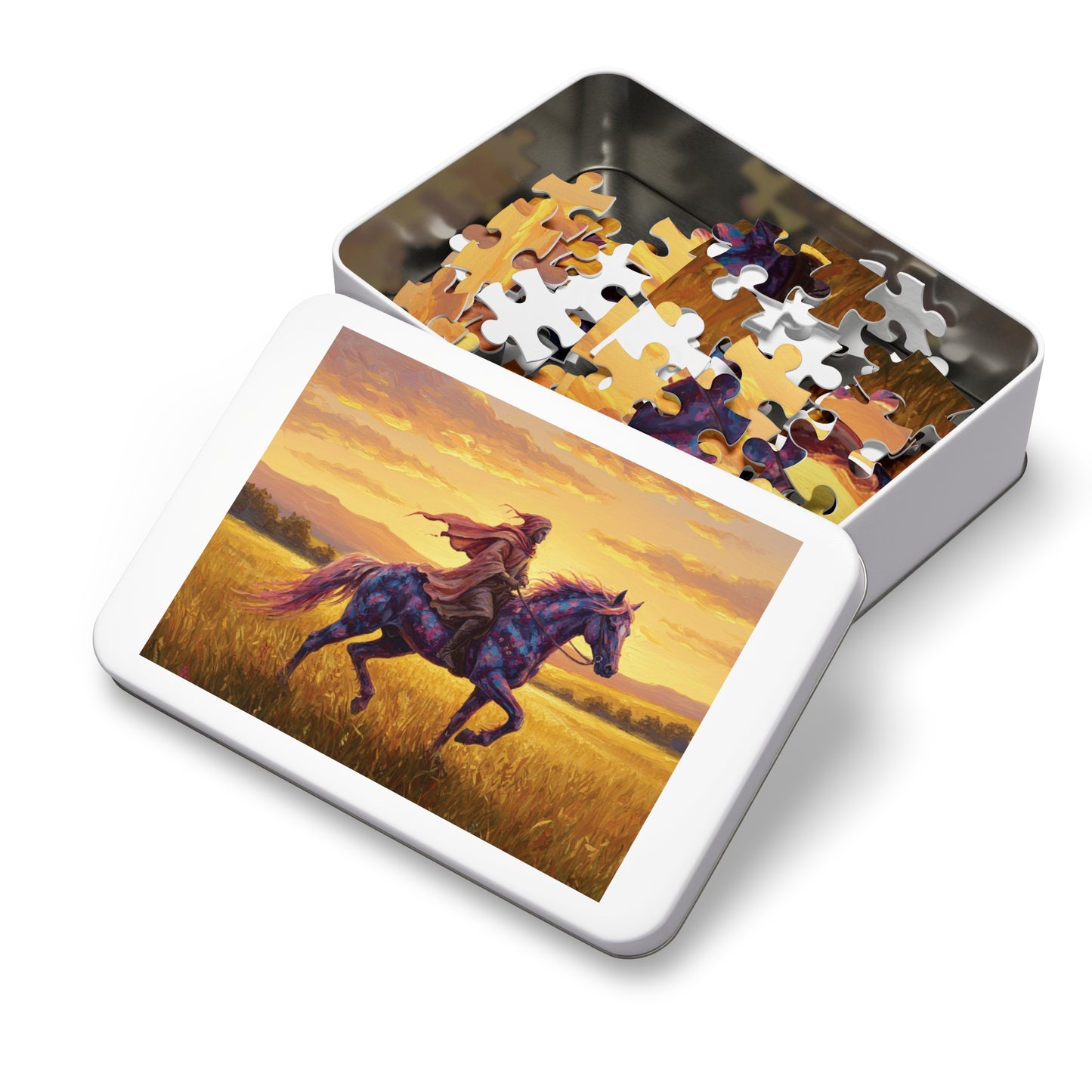 110, 252, 500, 1000, 2000 Jigsaw Puzzle, Mystical Rider Jigsaw Puzzle, Cloaked Rider on Colorful Horse, Epic Sunset Adventure, Premium Puzzle Gift,  Hero on Horse, Golden Field, Fantasy Theme, Vibrant Fantasy Sunset Art