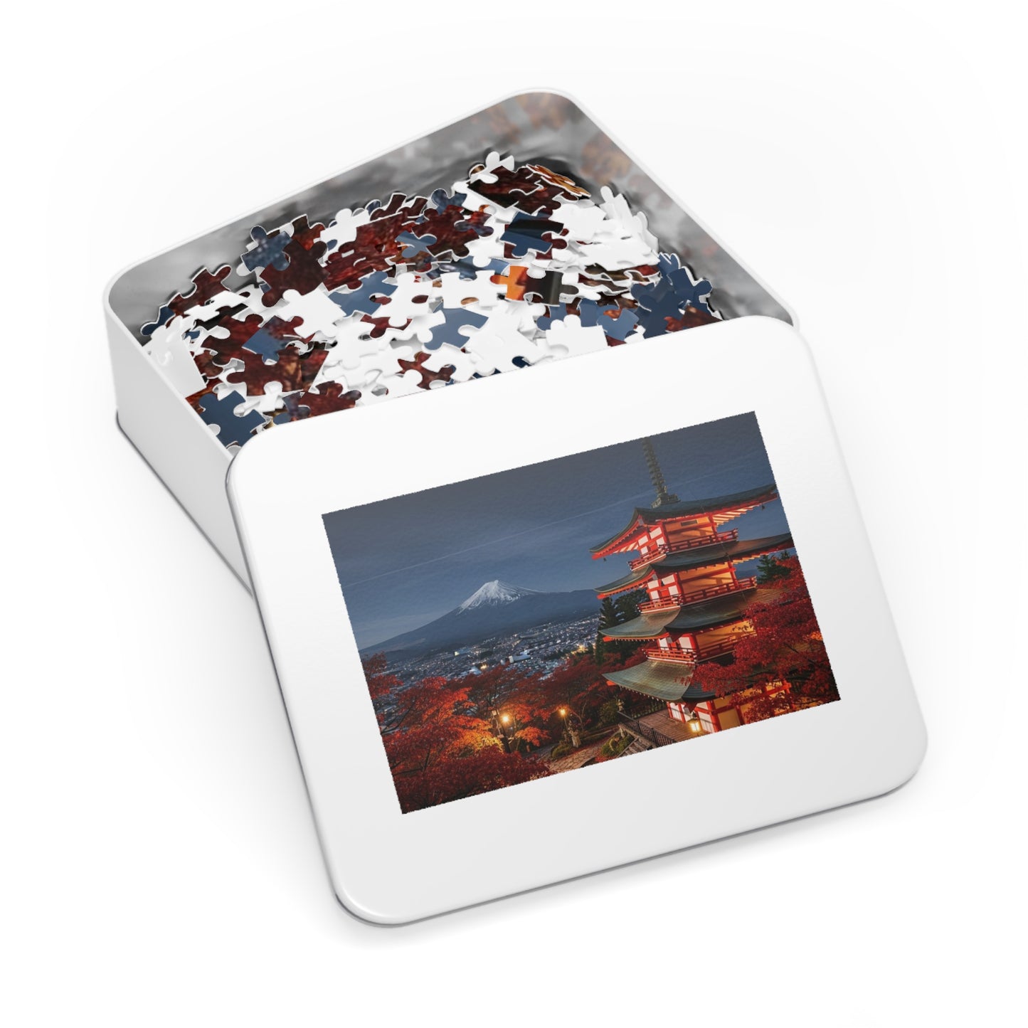 Mount Fuji Night Pagoda Jigsaw Puzzle 🌙🗻 Autumn Temple View, Japan City Lights & Crimson Maples