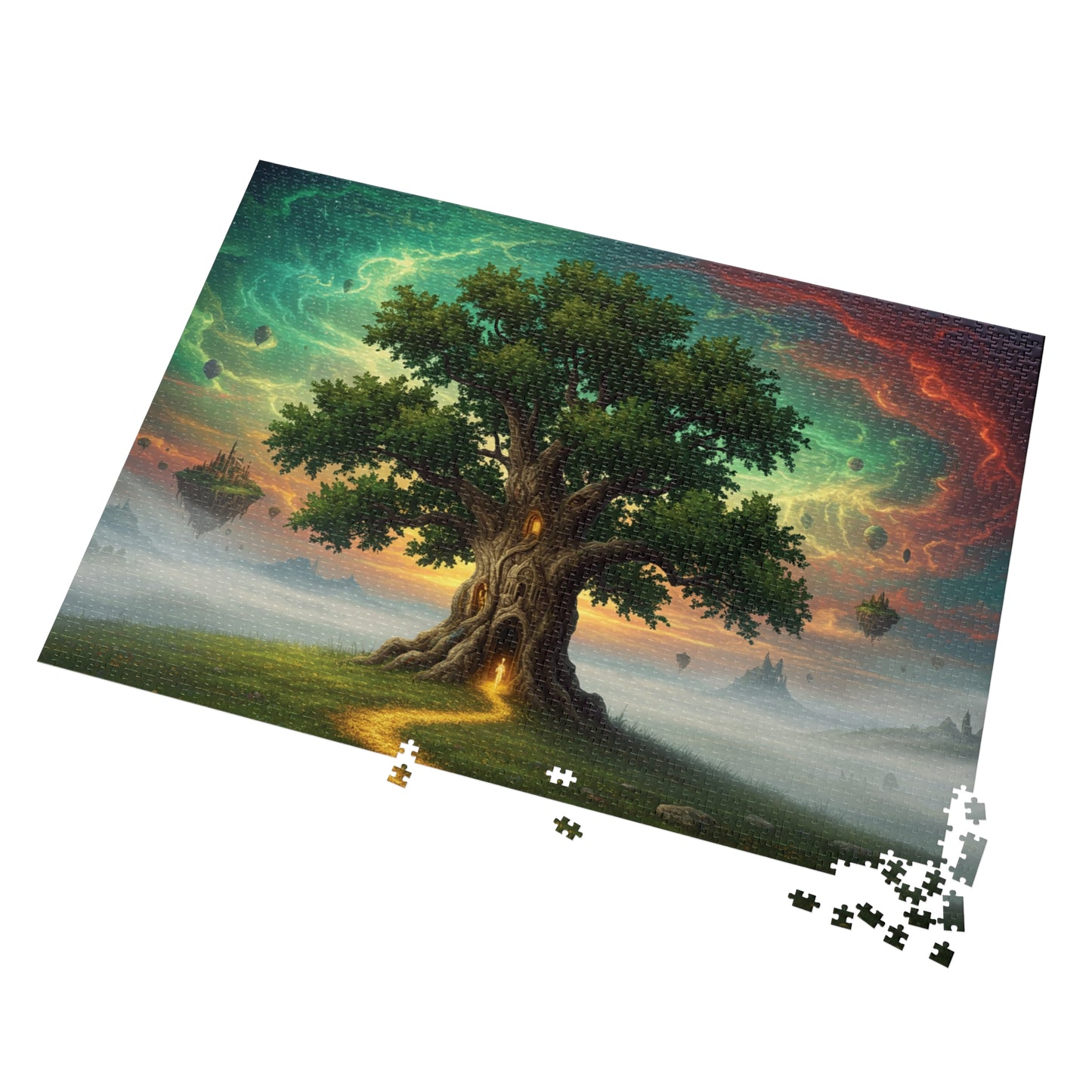 110, 252, 500, 1000, 2000 Magical Tree Jigsaw Puzzle, Mystical Tree with Glowing Doorway, Cosmic Sky and Enchanted Forest Scene, Mystical Gateway Puzzle