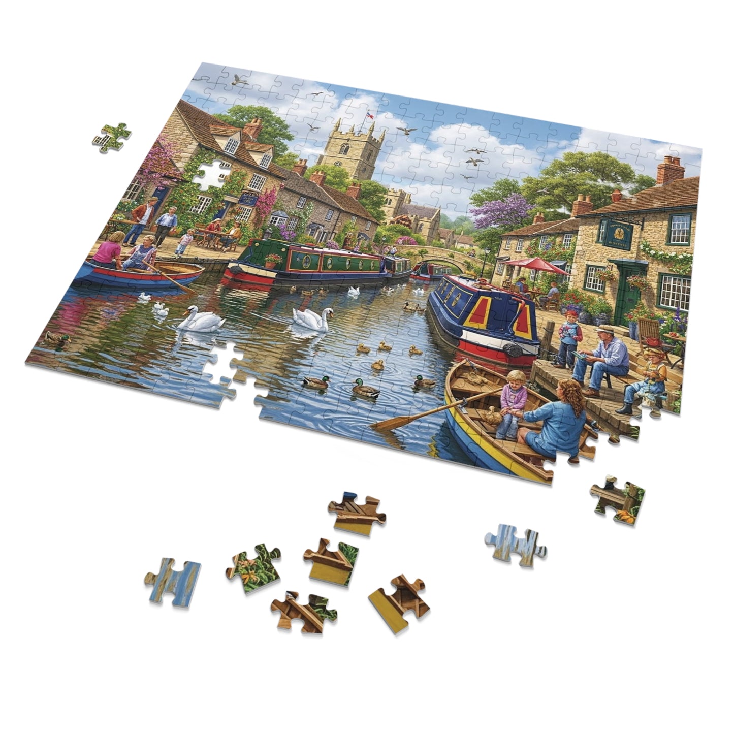 Canal Village Jigsaw Puzzle with Boats Swans and Cottages